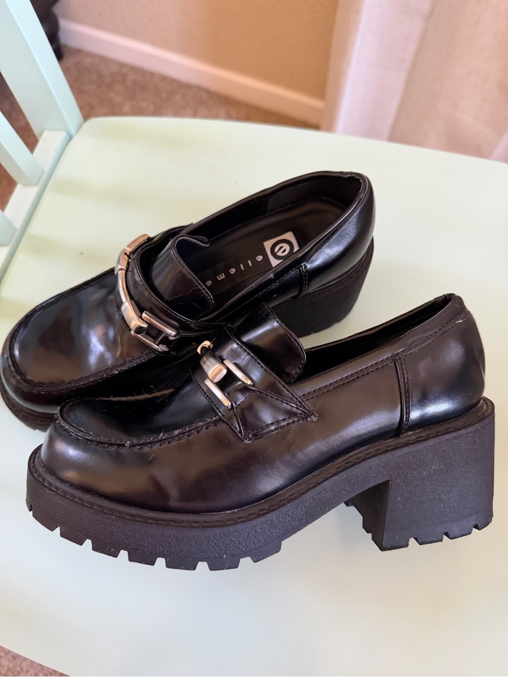 ellemenno Black Platform Lug Sole Loafers with Silver Hardware